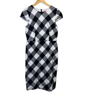 Betsey Johnson Womens Dress 6 Black White Gingham Midi Sheath Retro Short Sleeve